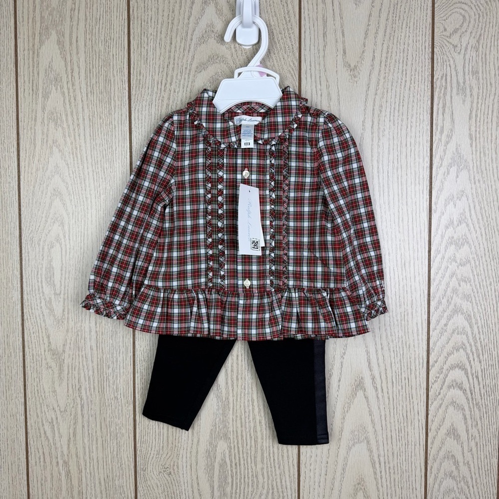 Polo Ralph Lauren Baby Girls Plaid Poplin Shirt & Jersey Legging Set 9M Red $75